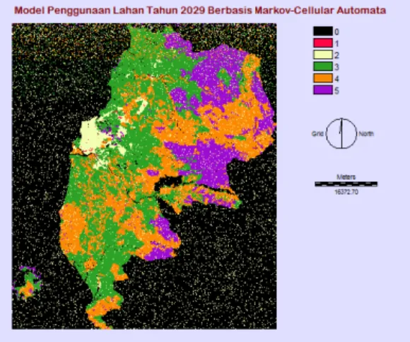 Gambar 7 Estimasi penggunaan lahan  tahun 2029 berbasis Cellular  Automata-Markov. Kode: 1=tubuh air; 2=lahan 