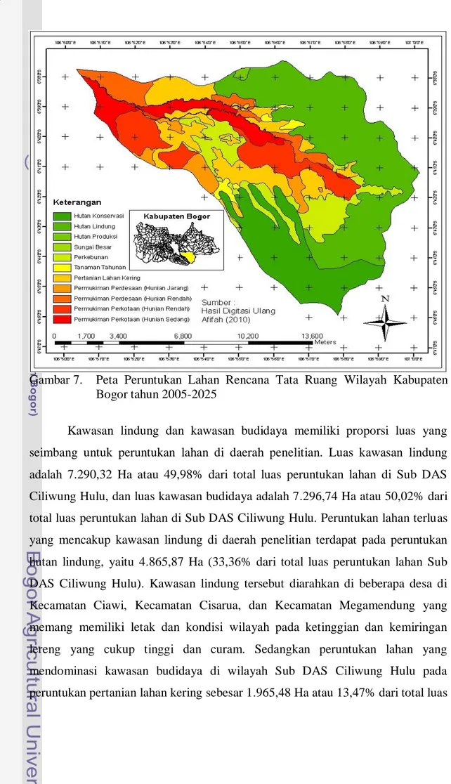 Gambar 7.  Peta  Peruntukan  Lahan  Rencana  Tata  Ruang  Wilayah  Kabupaten  Bogor tahun 2005-2025 