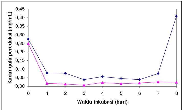 Gambar  5.6 Kadar gula pereduksi yang dihasilkan dengan hidrolisis menggunakan T. viride dengan substrat hasil preparasi oleh NaOH (�) dan P