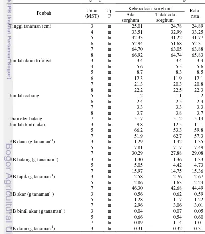 Tabel 4  Pertumbuhan kedelai dengan perlakuan keberadaan tanaman sorghum 