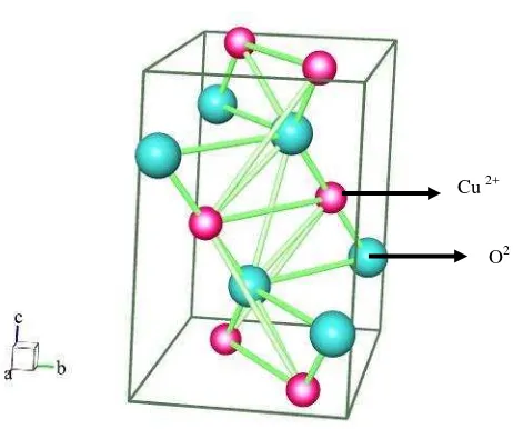 Gambar.2.3 Kristal CuO dengan ion Cu2+ ditunjukkan dengan bulatan kecil berwarna merah muda dan ion O2- bulatan besar berwarna biru di mana atom Cu dikelilingi oleh empat atom oksigen