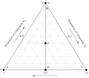 Gambar 5. Simplex Lattice Design Model Tiga Komponen (Armstrong, 2006) 