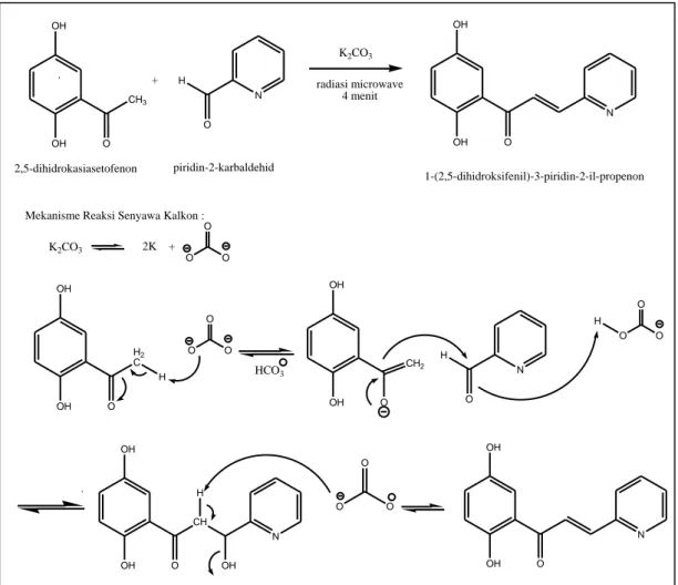 Gambar 3.  Mekanisme reaksi sintesis senyawa 1-(2,5-dihidroksifenil)-(3-piridin- 1-(2,5-dihidroksifenil)-(3-piridin-2-il)-propenon dari 2,5-dihidroksiasetofenon dan piridin-2-karbaldehid dengan 