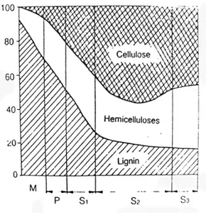 Gambar 3. Distribusi komponen kimia kayu hardwood (Tsoumis 1991) 