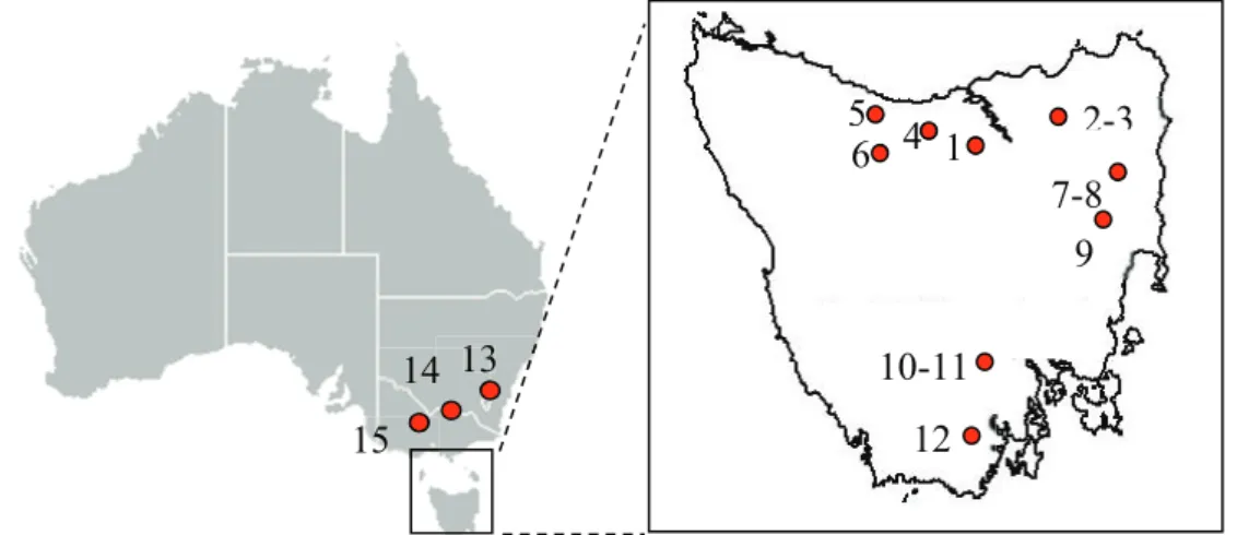Gambar 1.   Lokasi pengambilan sampel daun P. radiata di beberapa wilayah di negara bagian Tasmania,  NSW dan Victoria, yaitu Branch Creek (1), Springfield (2,3), Oonah (4), Inglish River (5),  Longhill (6), Nicholas (7,8), Tower Hill (9), Styx (10), Plent