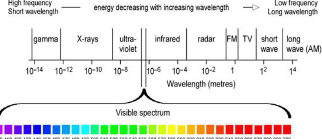 Gambar I.1 Spektrum gelombang elektromagnetik (Purkis dan Klemas, 2011)  I.5.1.1. Penginderaan jauh sistem aktif dan sistem pasif Penginderaan jauh dibedakan  menjadi  dua  jenis  berdasarkan  sensor  yang  digunakan