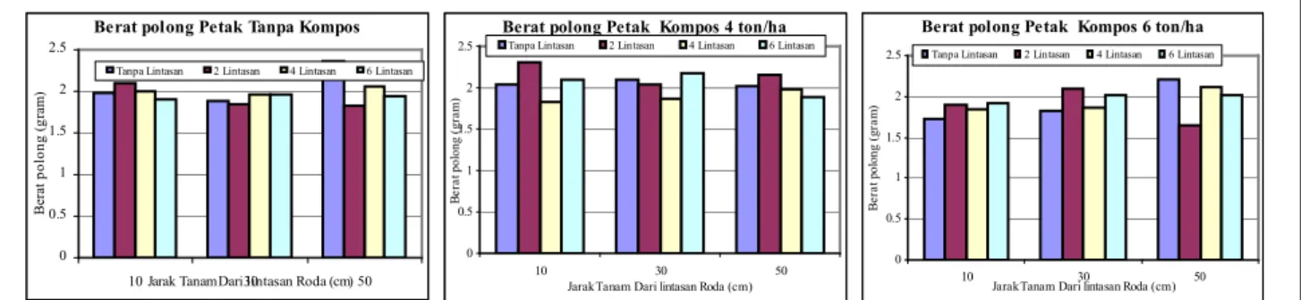 Gambar 6.  Grafik Pengaruh Jarak Tanaman dari Lintasan Terhadap Berat Polong Tanaman Kacang Pada  Perlakuan  Kompos 0,  4 dan 6  ton/ha 
