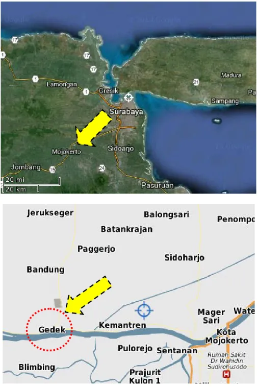 Gambar 9. Peta yang menunjukkan jarak antara Surabaya dan   Kecamatan Gedeg Kabupaten Mojokerto