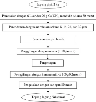 Gambar 3. Diagram alir pembuatan tepung jagung perlakuan  8, 16, 24, dan 32 jam Sumber: Moriera et al