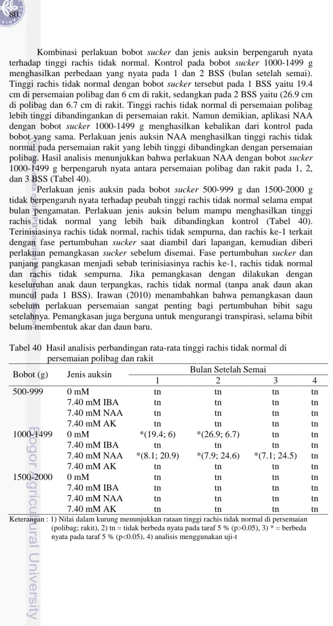 Tabel 40  Hasil analisis perbandingan rata-rata tinggi rachis tidak normal di   persemaian polibag dan rakit 