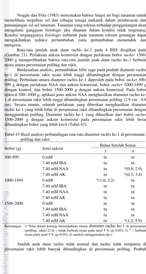 Tabel 43 Hasil analisis perbandingan rata-rata diameter rachis ke-1 di persemaian                   polibag dan rakit 