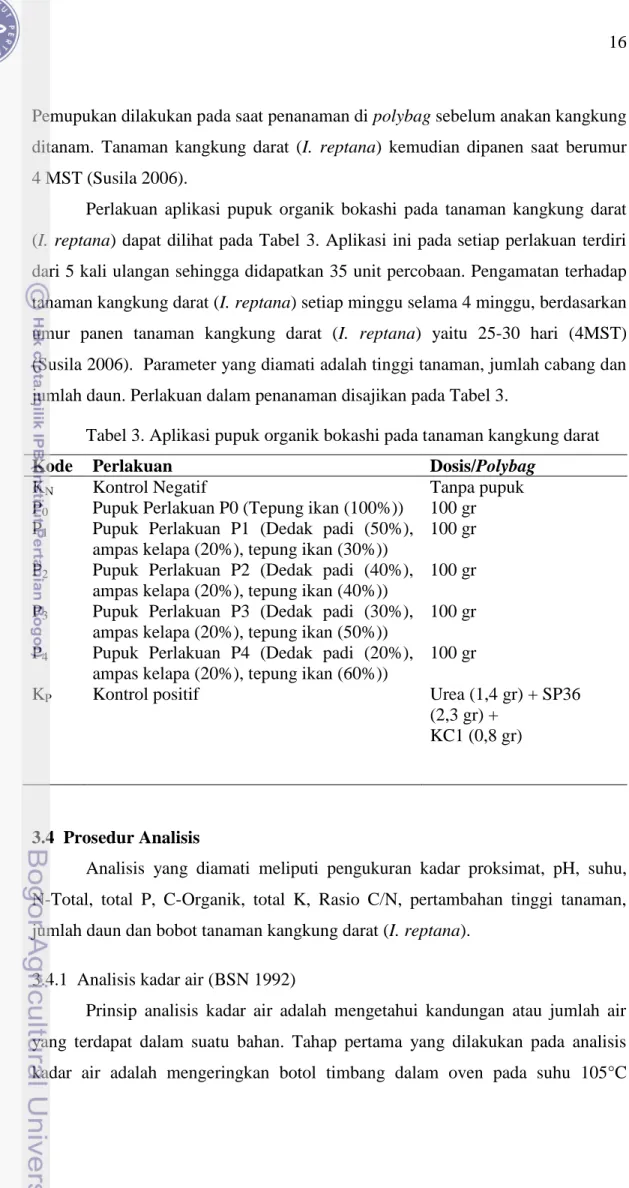 Tabel 3. Aplikasi pupuk organik bokashi pada tanaman kangkung darat 