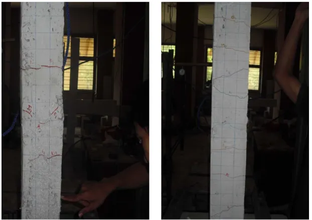 Gambar 5.. Pola retak benda uji HBK beton normal 1 (a,c,e) dan HBK beton serat 1 (b,d,f).