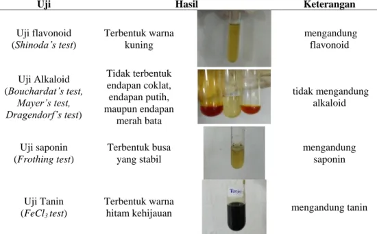 Tabel 1. Hasil uji fitokimia ekstrak etanol daun kenikir (Cosmos caudatus (L.) H.B.K.)    