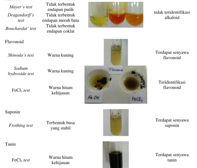 Tabel 1 Hasil uji fitokimia ekstrak etanol daun jarak tintir (Jatropha multifida L.)  Uji kandungan 