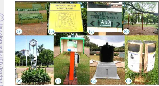 Gambar 7 Fasilitas dan utilitas pada tapak: (a) bangku taman, (b) papan informasi,  (c) toilet, (d) taman bermain, (e) jam, (f) listrik koin, (g) jaringan listrik, dan 