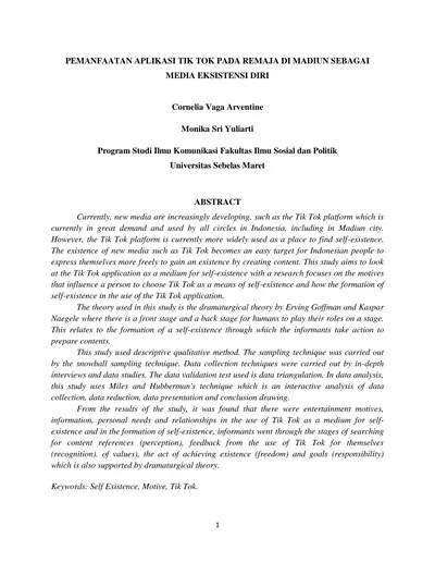 Pemanfaatan Aplikasi Tik Tok Pada Remaja Di Madiun Sebagai Media Eksistensi Diri Cornelia Vaga