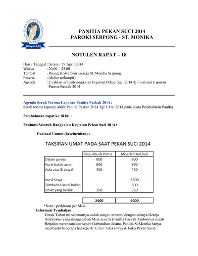 PANITIA PEKAN SUCI 2014 PAROKI SERPONG - ST. MONIKA NOTULEN RAPAT 18