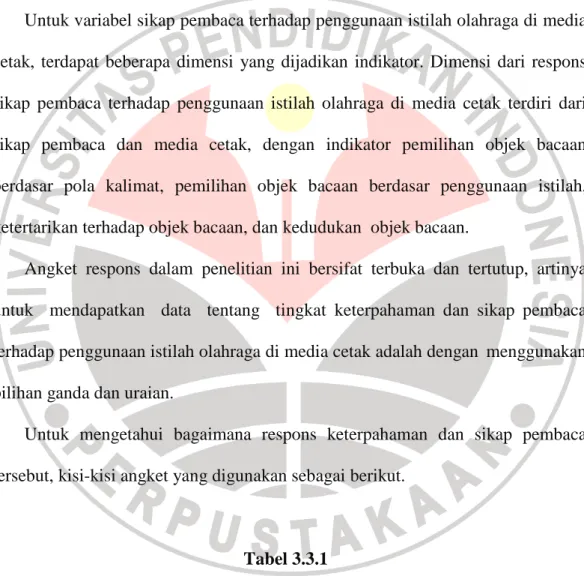 Tabel 3.3.1  Kisi-Kisi Instrumen 