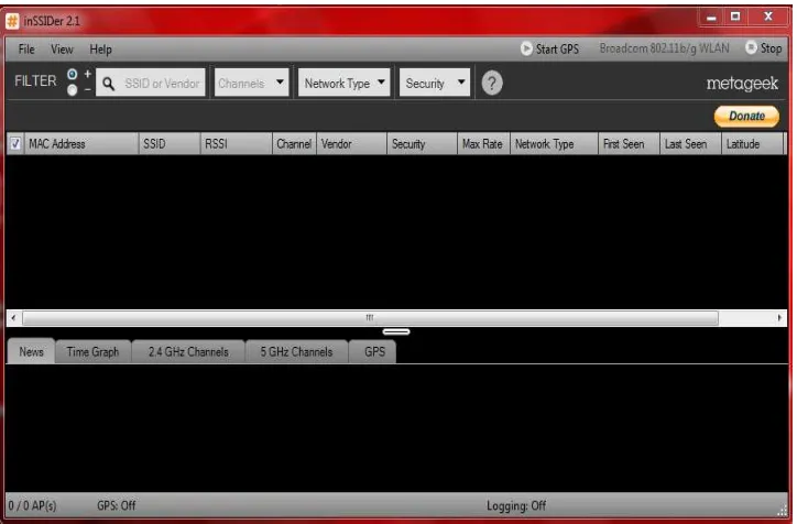 Gambar 3.3. Tampilan software inSSIDer pada windows 7. 