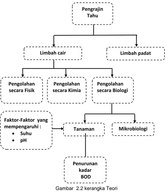 Gambar  2.2 kerangka Teori Pengrajin Tahu  Limbah padat Limbah cair  Pengolahan secara Fisik Pengolahan secara Kimia Pengolahan secara Biologi Tanaman  Mikrobiologi Faktor-Faktor  yang mempengaruhi : Suhu pH  Penurunan kadar   BOD 