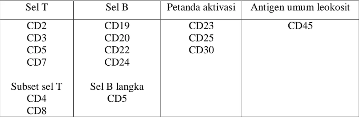 Tabel 4. Antigen diferensiasi kelompok (cluster differentiation, CD)  Sel T  Sel B  Petanda aktivasi  Antigen umum leokosit 