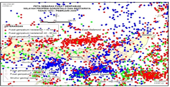 Gambar 12.  Peta  Sebaran Pusat Gempa Bumi Wilayah Provinsi Gorontalo dan  Sekitarnya Sejak Tahun 1973 – 2009 