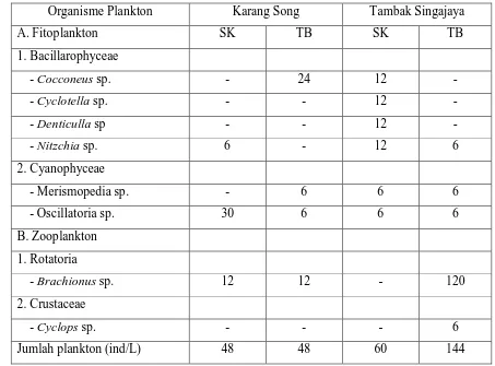Tabel 3. Hasil Identifikasi Organisme Plankton di daerah tambak Desa Karang Song dan 