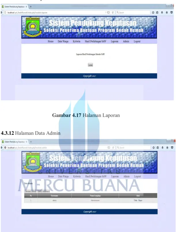 Gambar 4.17  Halaman Laporan  4.3.12 Halaman Data Admin 