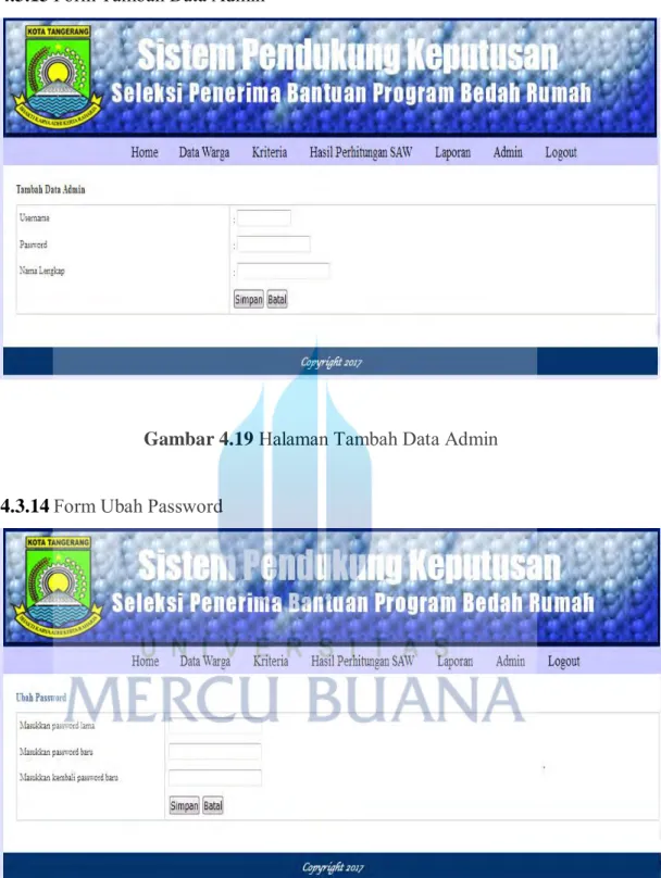 Gambar 4.19  Halaman Tambah Data Admin   4.3.14  Form Ubah Password 