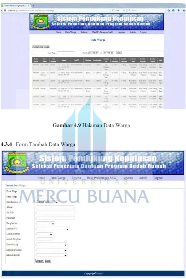 Gambar 4.9  Halaman Data Warga  4.3.4  Form Tambah Data Warga 