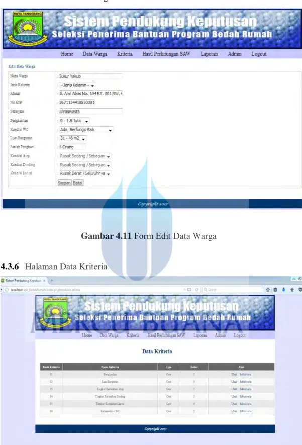 Gambar 4.11  Form Edit Data Warga   4.3.6  Halaman Data Kriteria 