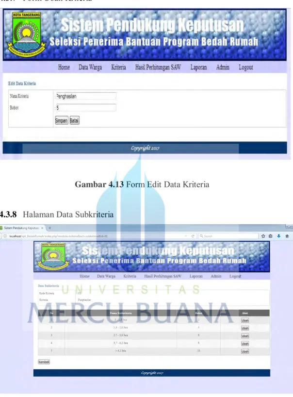 Gambar 4.13  Form Edit Data Kriteria   4.3.8  Halaman Data Subkriteria 