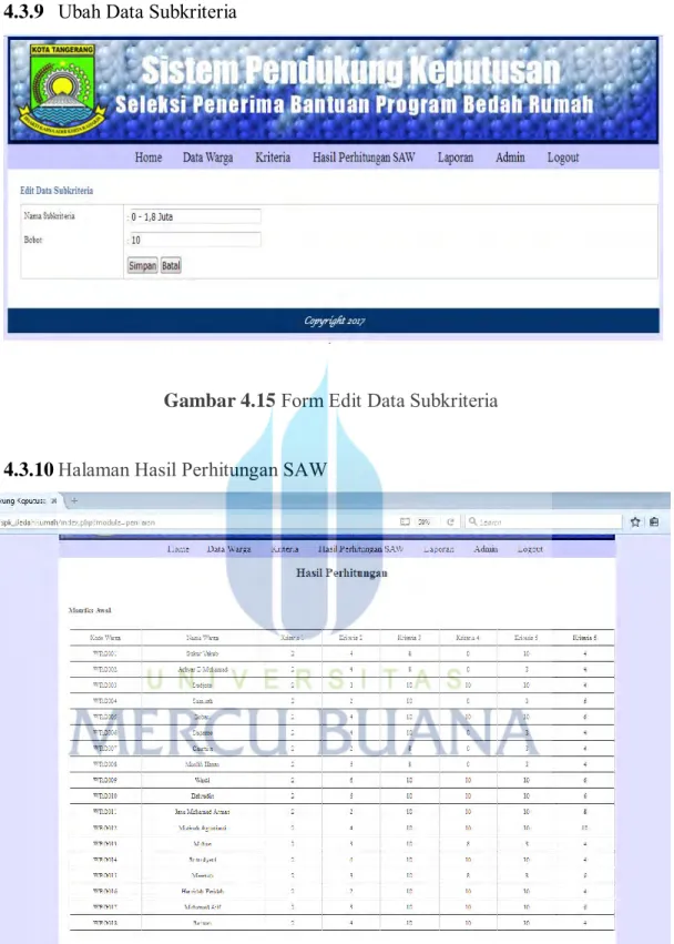 Gambar 4.15 Form Edit Data Subkriteria   4.3.10  Halaman Hasil Perhitungan SAW  