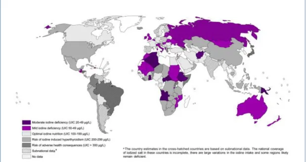 Gambar 1. Besaran masalah yodium di berbagai negara pada anak usia  sekolah (pengukuran menggunakan median ekskresi yodium urin)  tahun 