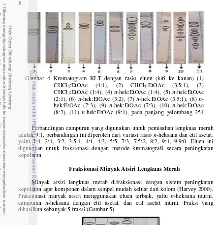 Gambar 5 Kromatogram KLT minyak atsiri kasar fraksi 1, 2, 3, 4, 5 dengan rasio 