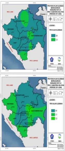 Gambar 3.3 Proyeksi Iklim Oldeman Berdasarkan  Skenario RCP 4.5 dan RCP 8.5  Tahun 2011-2040  di Wilayah Sumatera Selatan 