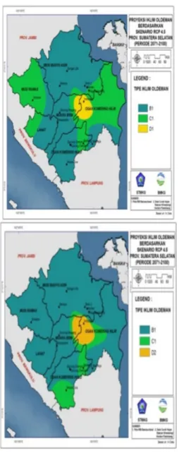 Gambar 3.5 Proyeksi Iklim Oldeman Berdasarkan  Skenario RCP 4.5 dan RCP 8.5 Tahun 2071-2100  di Wilayah Sumatera Selatan 