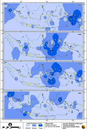 Gambar 5. Peta pengaruh La Nina terhadap  curah hujan musiman 