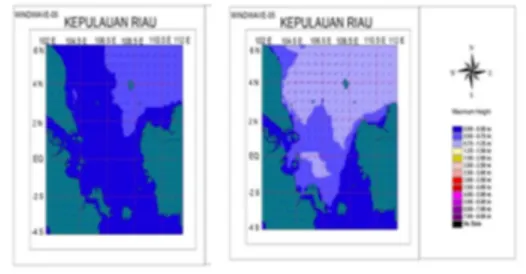 Gambar  4.2.  Peta  tinggi  gelombang  signifikan  (kiri) dan maksimum (kanan) bulan Januari  Gelombang  signifikan  pada  bulan  Januari  memiliki  ketinggian  rata-rata  1.25  –  1.50  m