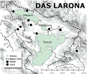 Gambar 1.  DAS  Larona,  Sulawesi  Selatan.  Nama lokasi  dan  koordinat  AWS  ditunjukkan dengan nomor yang sesuai dengan table 1.