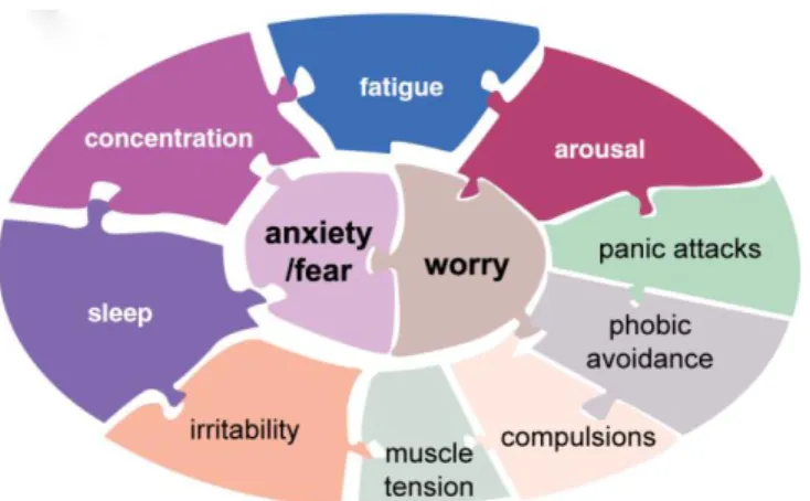 Gambar 2.1  Gejala berbagai  gangguan ansietas dengan dua gejala inti  yaitu  fear  dan worry (Stahl, 2013) 