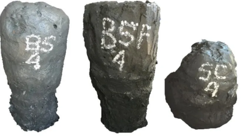 Gambar 7.(a) Hasil Soil Cement Column dengan Kadar Semen 40% (b) Hasil Soil Cement Column dengan  Kadar 34% (c) Hasil Soil Cement Column dengan Kadar 33% 