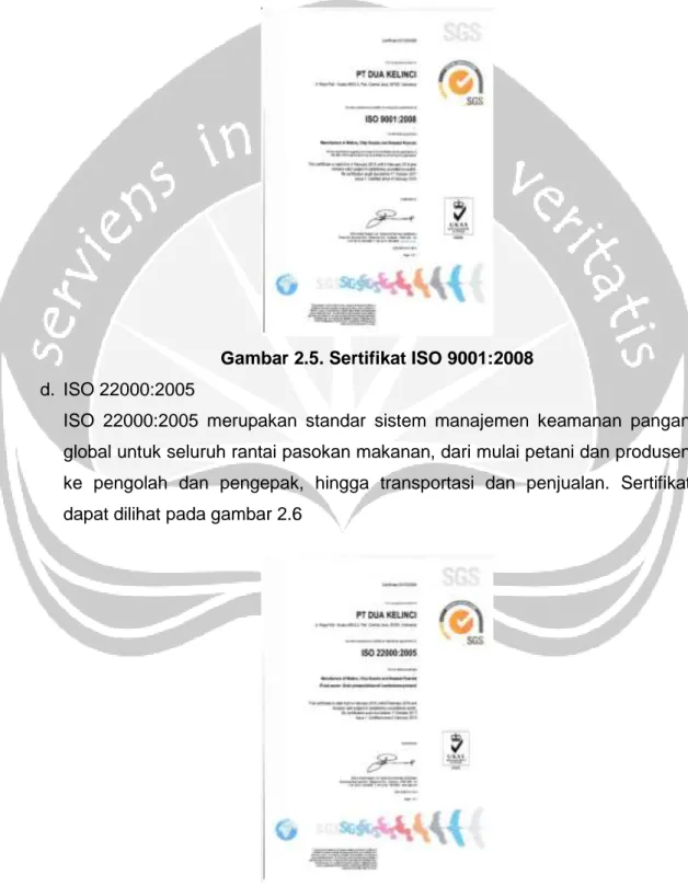 Gambar 2.5. Sertifikat ISO 9001:2008  d.  ISO 22000:2005 