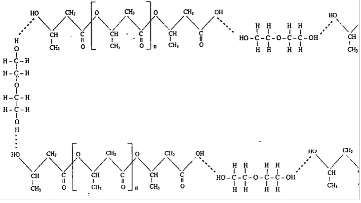 Gambar 8. Ilustrasi struktur kimia polimer PHA dengan penambahan pemlastis DEG (Ikatan hidrogen ditandai dengan garis putus-putus) (Zahra, 2003) 