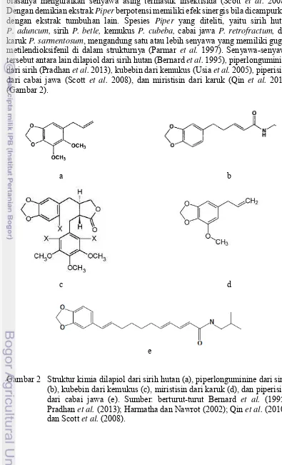 Gambar 2 Struktur kimia dilapiol dari sirih hutan (a), piperlonguminine dari sirih (b), kubebin dari kemukus (c), miristisin dari karuk (d), dan piperisida dari cabai jawa (e)