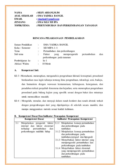 Sma Kls Xii Ipa Pertumbuhan Dan Perkembangan Tanaman Rencana