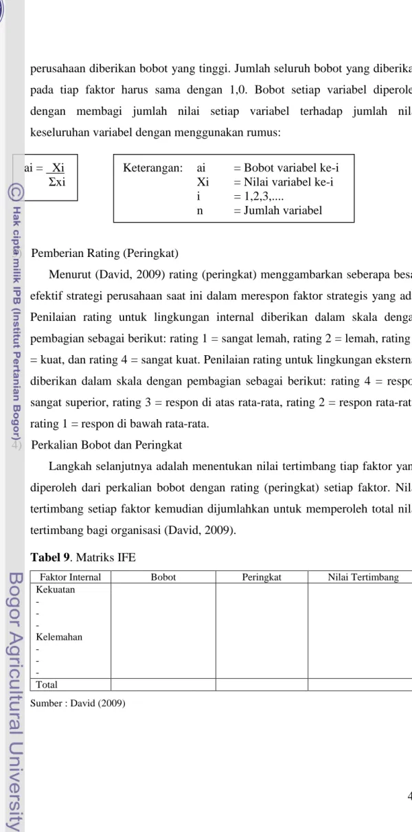 Tabel 9. Matriks IFE 