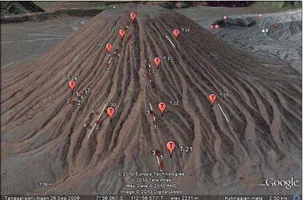 Gambar 4.5 Letak edelweis (A. javanica) di Gunung Batok bagian Barat (Google  earth, 2010 