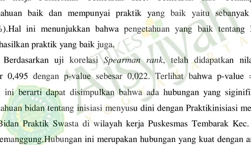 Tabel  7  HubunganPengetahuan  dengan  Praktik  IMD  di  wilayah  kerja  Puskesmas  Tembarak Kec